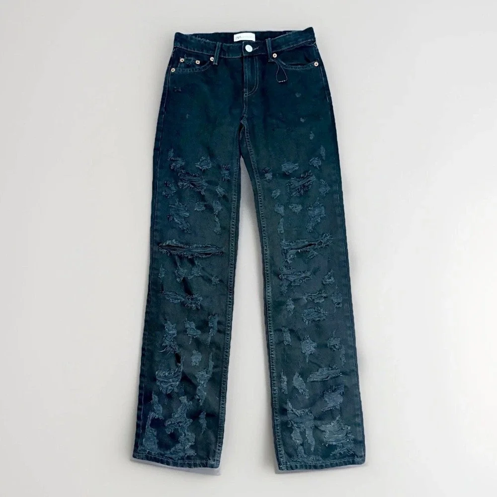 Zara Black Distressed‎ Ripped Straight Leg Jeans Womens Size 0 Distressing 27x31